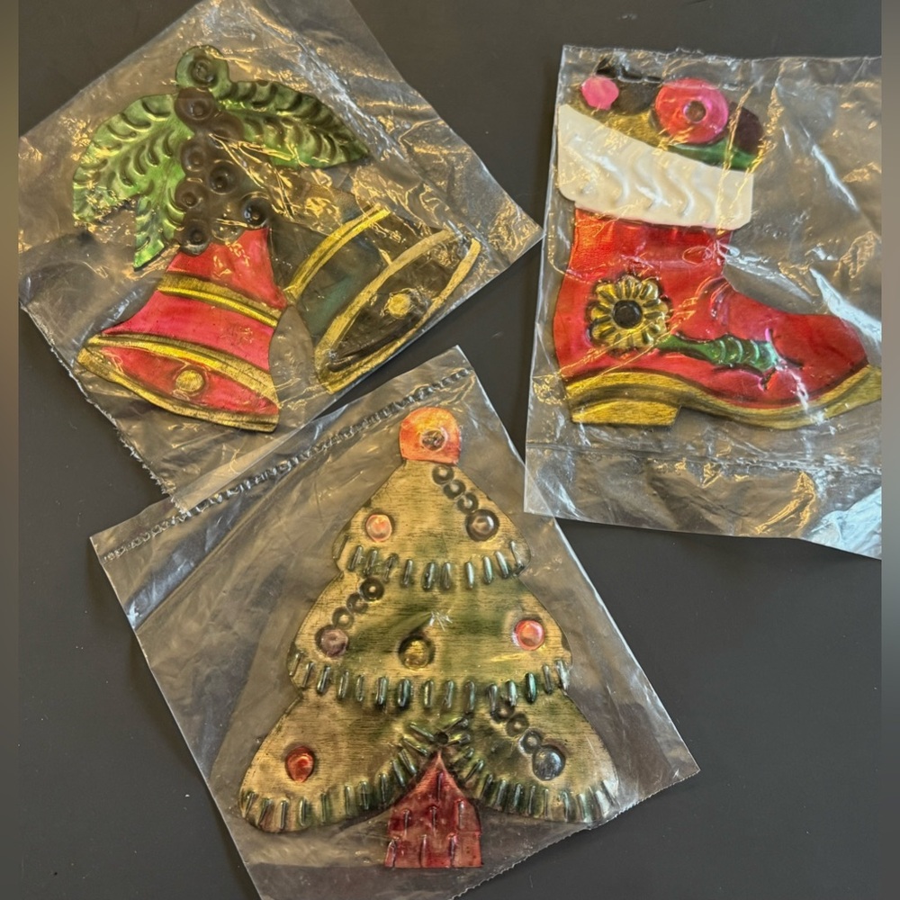 Christmas Ornaments Set 3 Hand Painted Tin Metal Tree Boot Bells Holiday Gift